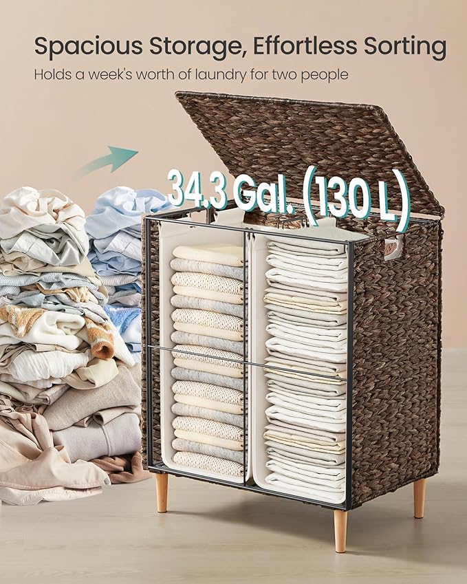 SONGMICS Laundry Hamper 2 Sections, 34.3 Gal. (130 L) Handwoven Water Hyacinth Wicker Laundry Basket with Lid, Natural Material, Removable Machine Washable Liners, Handles, Espresso ULCB202K01