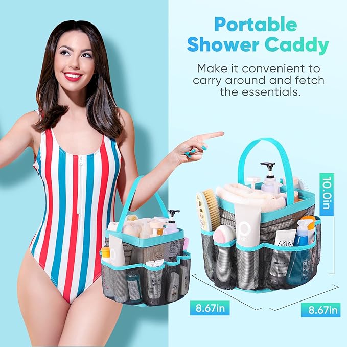EUDELE Mesh Shower Caddy Portable for College Dorm Room Essentials, 8-Pocket Large Capacity Shower Bag for Beach, Swimming, Gym Pack