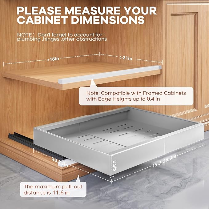 2 Pack Expandable Width (15.15"-26.3") Pull Out Cabinet Organizer 21" Deep with Raising Pad for Framed Cabinets, Upgrade 3 Slide Rails Slide Out Drawers, Roll Out Shelves Adhesive, Silver