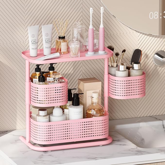 KINGRACK 3 Tier Bathroom Organizer Countertop, Multi-Purpose Makeup Organizer, Rotating Desktop Skincare Organizer, Vanity Tray Standing Rack for Bathroom, Pink