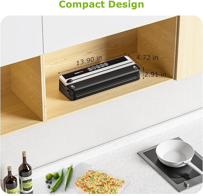 Bonsenkitchen Vacuum Sealer Machine, Built-in Cutter | Multifunctional Food Sealer for Sous Vide & Meal Prep, 5 Pre-Cut Bags, Black