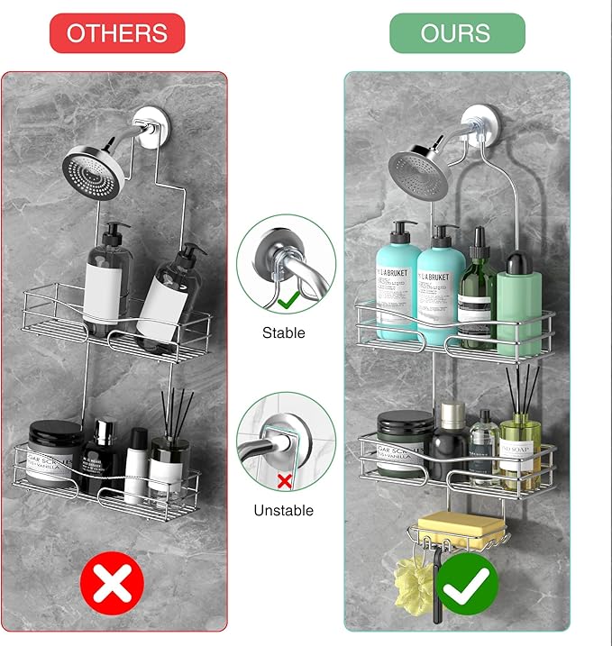 Over the Shower Head Caddy - 2-Tier Shower Caddy Hanging with 2 Movable Soap Holder, Stainless Steel Hanging Bath Organizer with High Guardrail for Bathroom, Silver