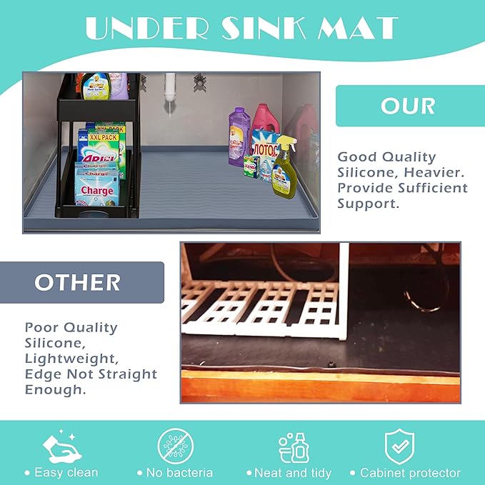 URMONA Waterproof Silicone Under Sink Mat 31'' x 22'' Shelf Liner for Kitchen and Bathroom, Cabinet and Counter Protector, Storage and Organizers, Litter Mat, Pet Cat Puppy Essentials(Khaki)