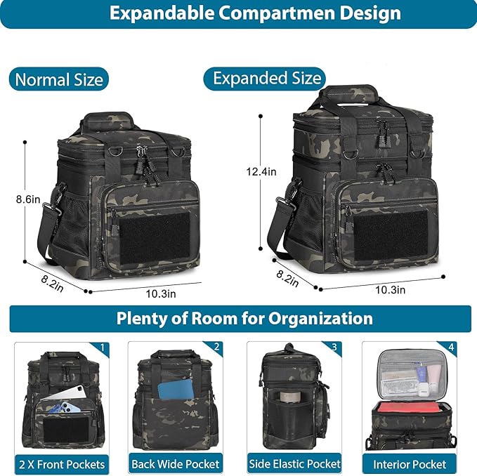 GLENKEY Double Deck Insulated Lunch Box, Expandable Large Lunch Bag Leakproof Cooler Bag Lunch Pail for Men Women Adults Work Shifts Travel Daytrip,16L,Black-Camo