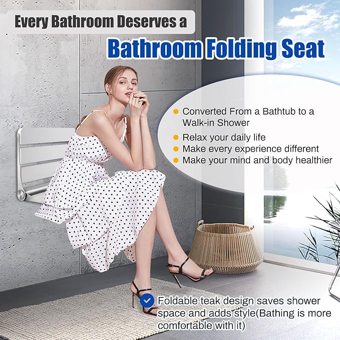 16 Inchs Foldable Shower Seat Wall Mounted, Folding Shower Seat for Adults, 400lbs Max Load for Inside Shower, Small Shower Spaces (White)