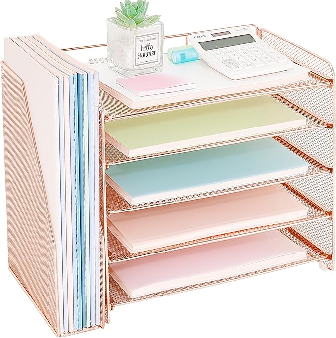OPNICE 5-Tier Paper Organizer with Magazine Holder, Desk Organizers and Accessories, Office Desk Accessories & Workspace Organizers, Desktop File Organizer for Office Supplies Storage, Rose Gold