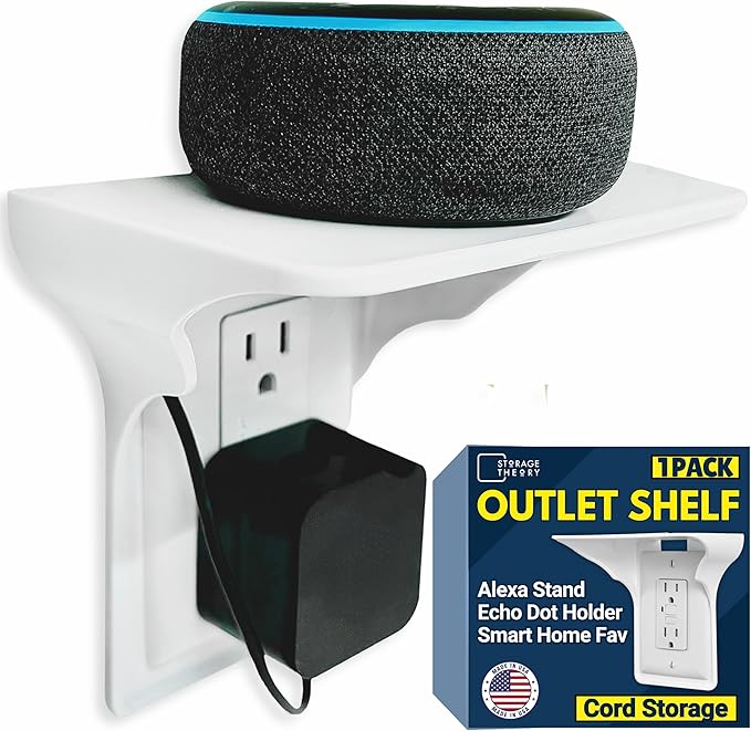 BeraTek Power Perch Wall Outlet Shelf with Cord Storage Strap - Declutter & Reclaim Counter Space - Echo Dot Wall Mount, Charging Shelf, Apple HomePod Mini Stand - White, 1-Pack