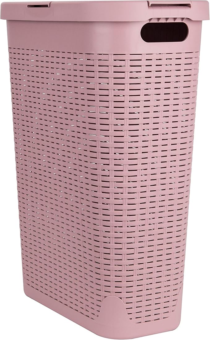 Mind Reader Slim Laundry Hamper with Lid, 40L Clothes Basket, Premium Wicker Design, Plastic, Pink