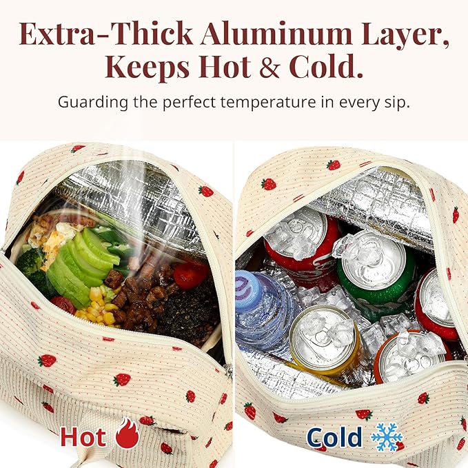 Insulated Vintage Pink Lunch Bag for Women, Stylish Corduroy Tote with Aluminum Lining, Large Capacity Reusable Cooler for Work, Travel, or Beach, Beige Cream Water-Resistant Lunch Box