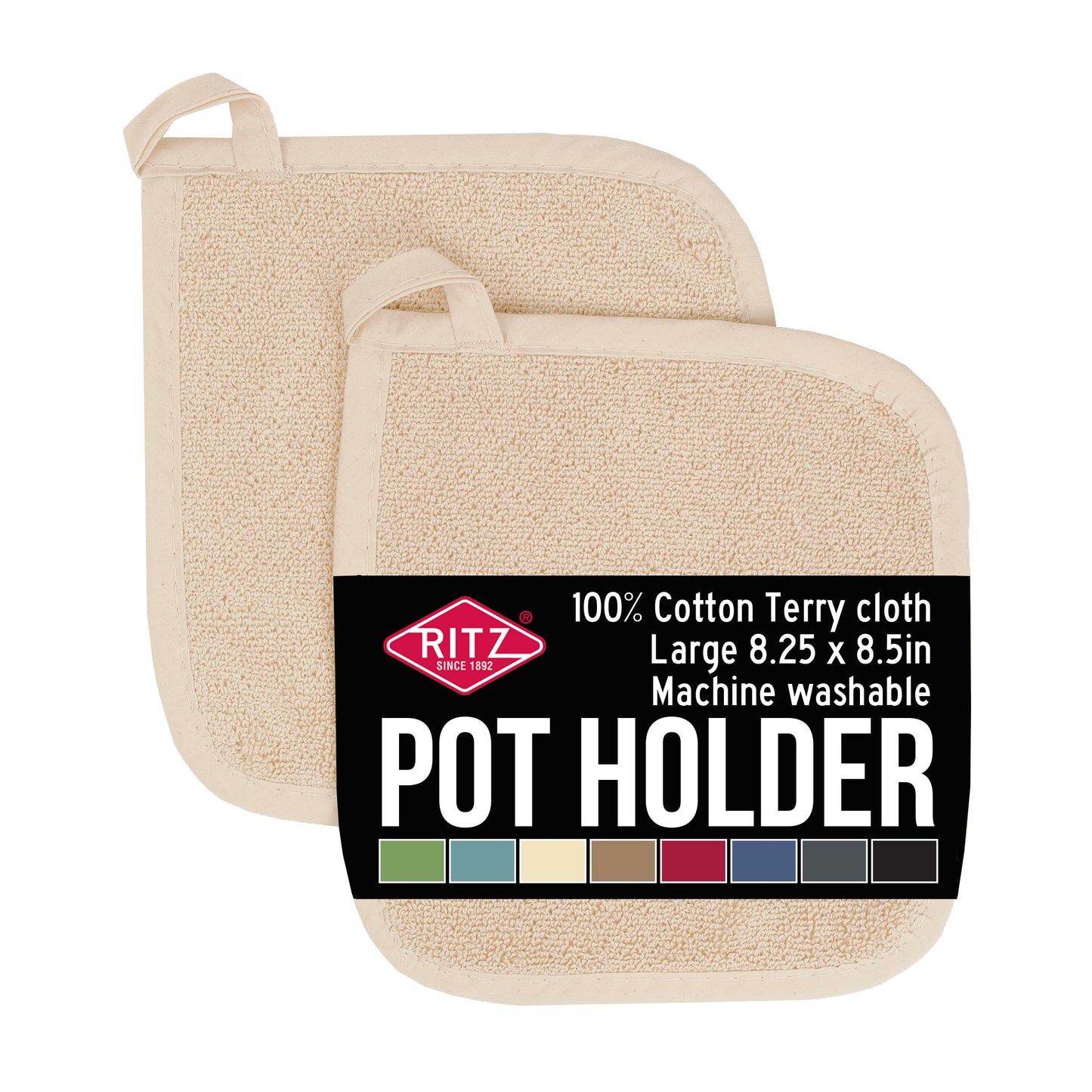 RITZ Terry Potholder & Hot Pad: Unparalleled Heat Resistant, Durable 100% Cotton – Ergonomically Designed for Optimal Grip – Easy-Care Machine Washable – 2-Pack, Latte