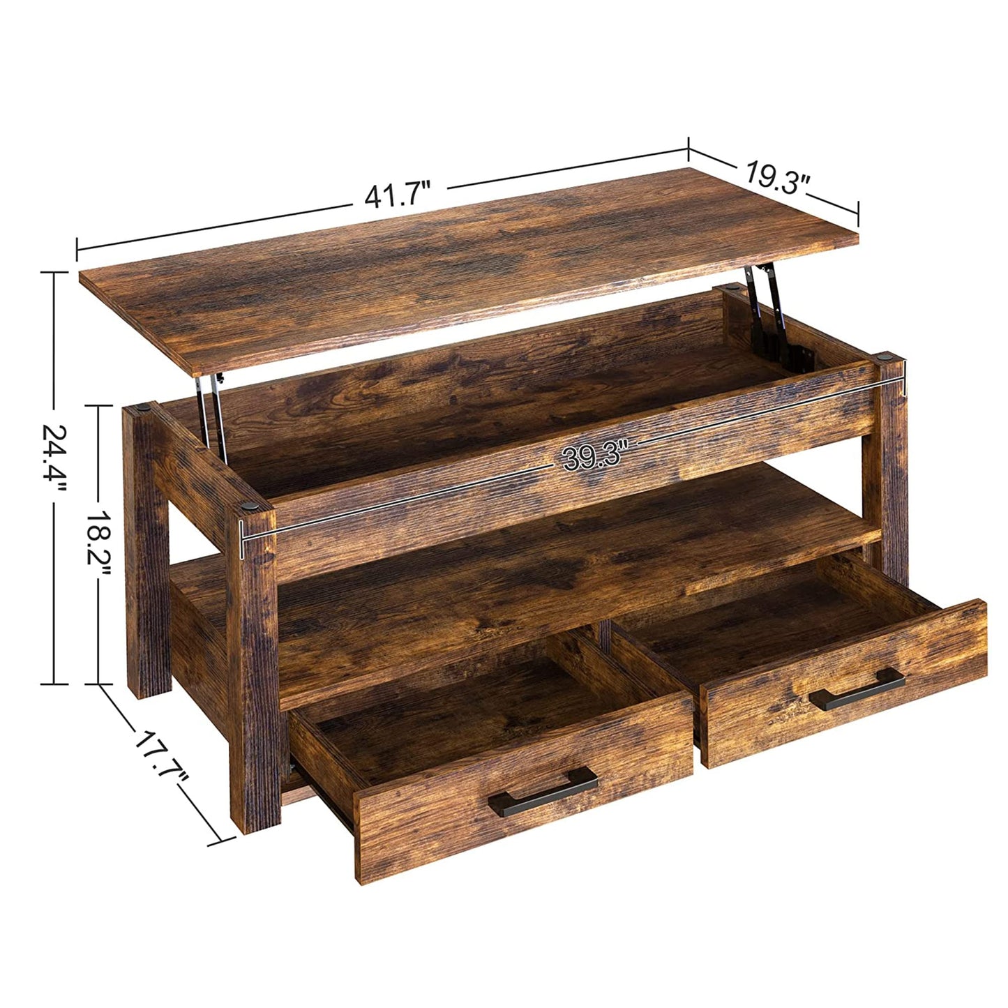 FABATO 41.7'' Lift Top Coffee Table with 2 Storage Drawer Hidden Compartment Open Storage Shelf for Living Room Dining Table Reception Room Rustic Brown