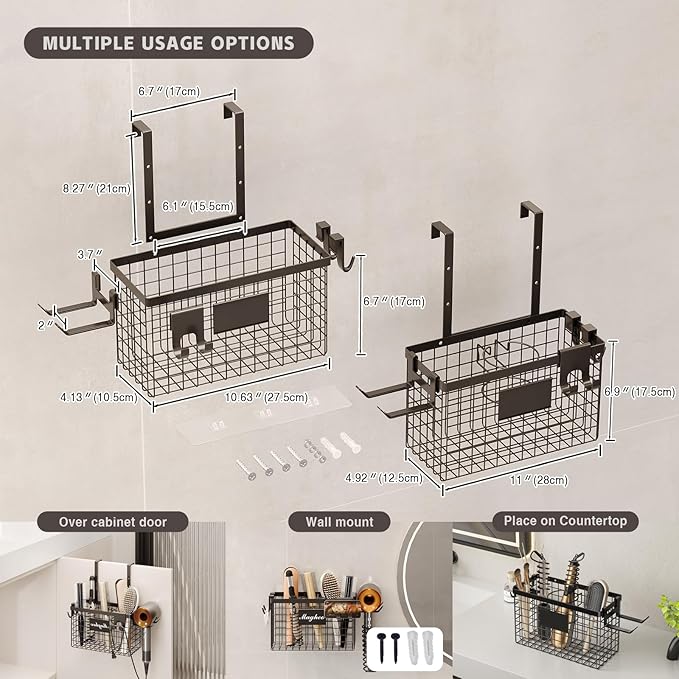 Hair Dryer Holder Cabinet Door 3-in-1 Adhesive Hair Tool Organizer Wall Mounted Adjustable Height Blow Dryer Holder Under Sink Bathroom Hair Appliance Organizer and Storage Countertop(Black)
