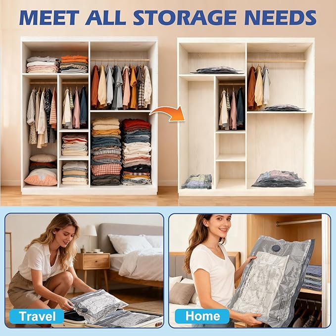 Travel Vacuum Storage Bags with Rechargeable Air Pump, 12 Pack Portable Space Saver Bags, Compression Bags for Clothing, Bedding, Seasonal Storage & Packing Bags for Moving