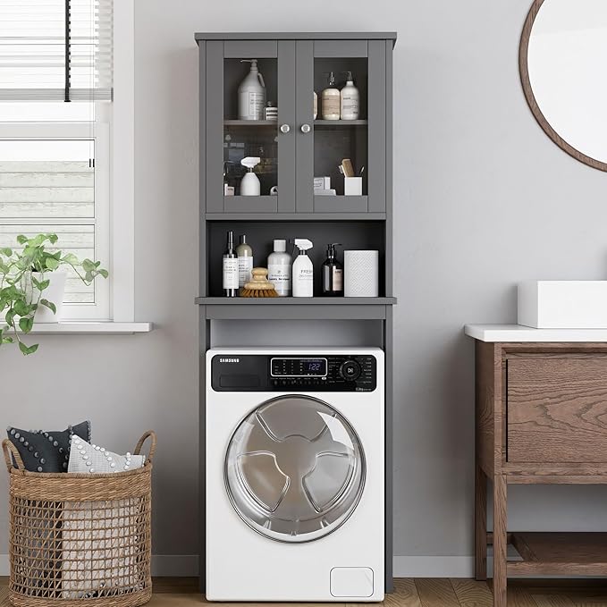 Shintenchi Over The Toilet Storage Cabinet, Bathroom Shelf Organizer with Anti-Tip Device Small Freestanding Space Saver with Adjustable Shelf and Glass Door, Gray