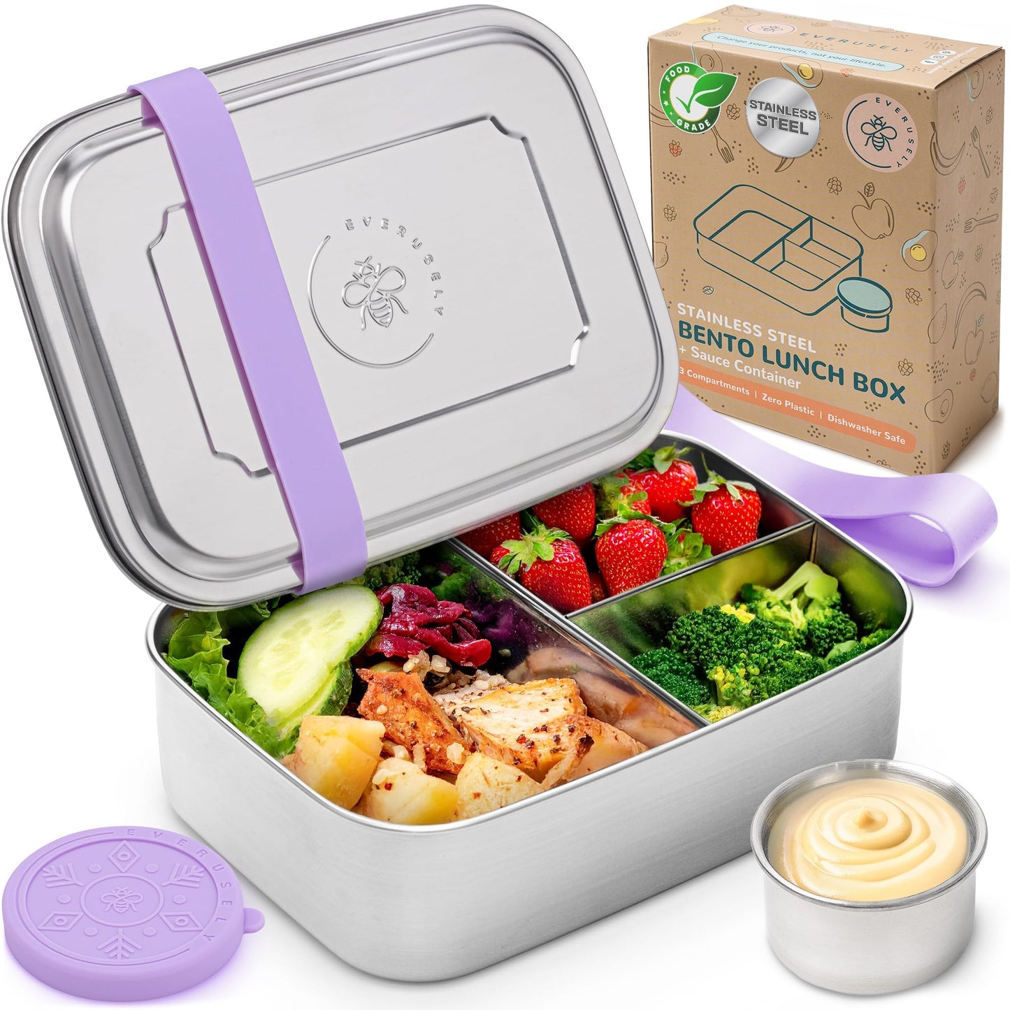Stainless Steel Bento Box + Condiment Container - Lavender, 27oz / 0.8 L