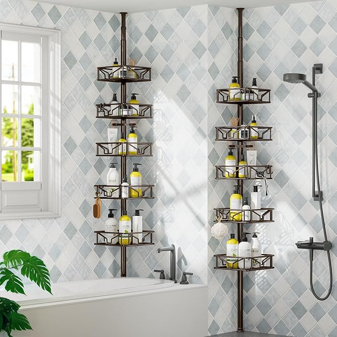 Skycarper 5 Tier Adjustable Corner Shower Caddy Organizer with Hooks,Rustproof Tension Pole 62-116 Inch,Bronze