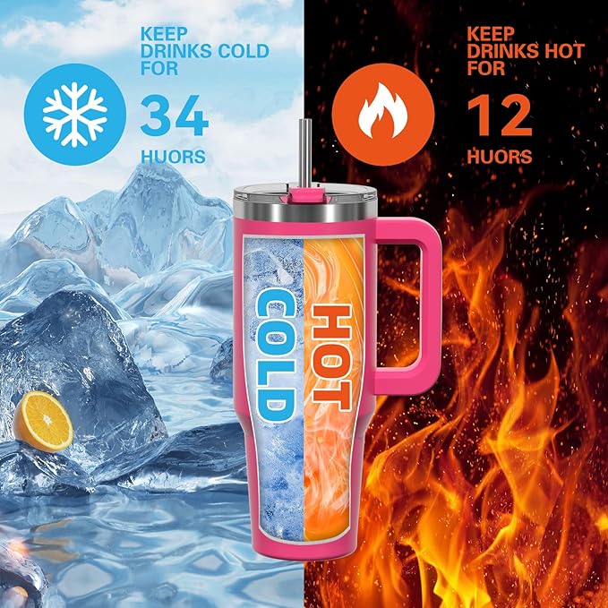30 oz Tumbler with Handle,Tumbler with Lid and Straw,Double Wall Insulated Cup Stainless Steel Travel Mug(Cold for 34 Hours),Water Bottle for Iced Tea,Coffee,Cold Beverages(Gloss Pink)