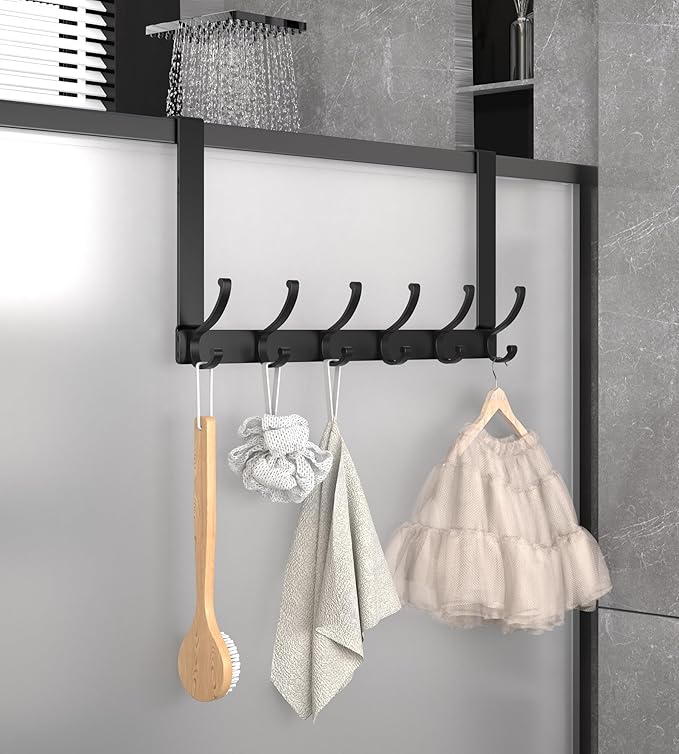 Over The Door Hooks Hanger with 7" Arms, Door Hooks for Hanging, Fit 1 3/4" Door, Tool-Free Assembly, F7U, Towel Racks Organizer Holder for Bathroom - Black
