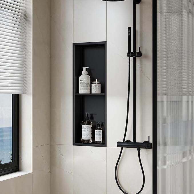 Neodrain Shower Niche Double Shelf Stainless Steel No Tile Needed Bathroom Niches Recessed in Wall, 2-Tier Recessed Wall Niche Waterproof Cubby(8X24 Inch,Matte Black)