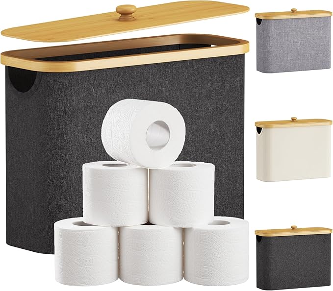 Lifewit Toilet Paper Storage Holder for 9 to 12 Rolls, Free Standing Toilet Paper Basket Stand with Bamboo Lid, Collapsible Fabric Bathroom Organizer Box for Mega Rolls, 23L, Large, Dark Gray