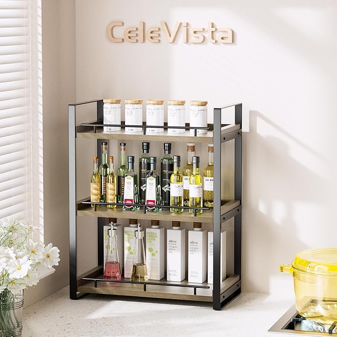 Bathroom Counter Organizer, 3 Tier Wood Countertop Shelf for Vanity, Skincare, Makeup, Kitchen Coffee and Sink Storage, with Durable Metal Bracket (Dark Brown)