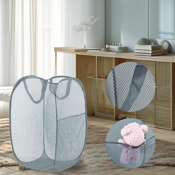 Pop Up Laundry Hamper, Mesh Laundry Basket Collapsible, Foldable Hamper for Travel and Storage (Grey)