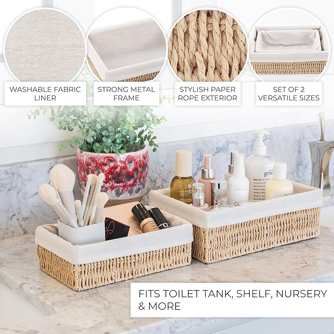 Beautiful Toilet Paper Storage Basket Set of 2 – Decorative Wicker Bathroom Organizer for Toilet Tank Trays - Quality Holder Bin for Shelves Fits Perfectly with Any Bathroom Decor
