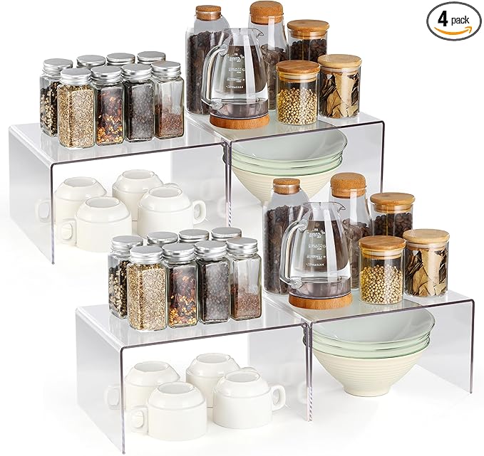 Clear Acrylic Cabinet Organizer Shelf 2Pcs, Stackable Cabinet Shelves, Dish Organizer for Cabinet, Kitchen Cabinet Organizer Riser, Pantry Cupboard Storage for Spice Bottles, Mugs, Small Plates & Jars
