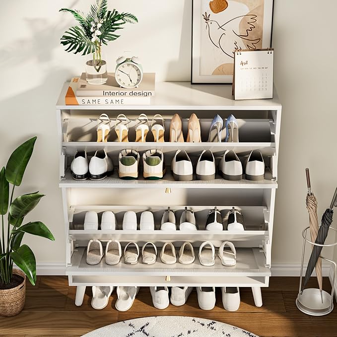 Shoe Storage Cabinet for Entryway with 2 Flip Drawers, Narrow Wood Shoe Cabinet with Fluted Panel, Freestanding Hidden Shoe Organizer for Foyer, Hallway (White - with Shelf)