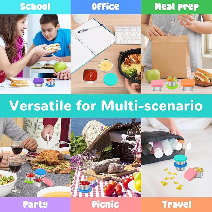 6PCS Salad Dressing Container to Go, Leakproof Reusable Stainless Steel small container with lid,Sauce Containers for Lunch box,Picnics,Travel,Office and Meal Prep-1.6+2.7 Sets
