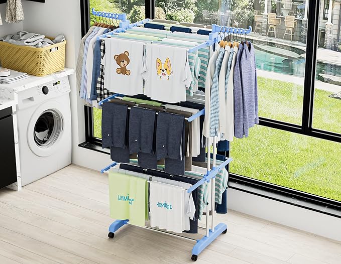 HOMIDEC Clothes Drying Rack, Large 4-Tier Foldable Drying Rack Clothing (67.7H x 19.7W x 30L Inches), Movable with 4 Castors. Multifunctional Stainless Steel Laundry Drying Rack, Blue