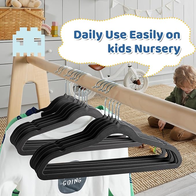 Smartor Premium 14 Inch Kids Hangers 50 Pack, Black Baby Velvet Hanger, Non Slip, Space Saving Felt Hangers Clothes Organizers for Closet with 360° Swivel Hook for Children, Toddler & Teens