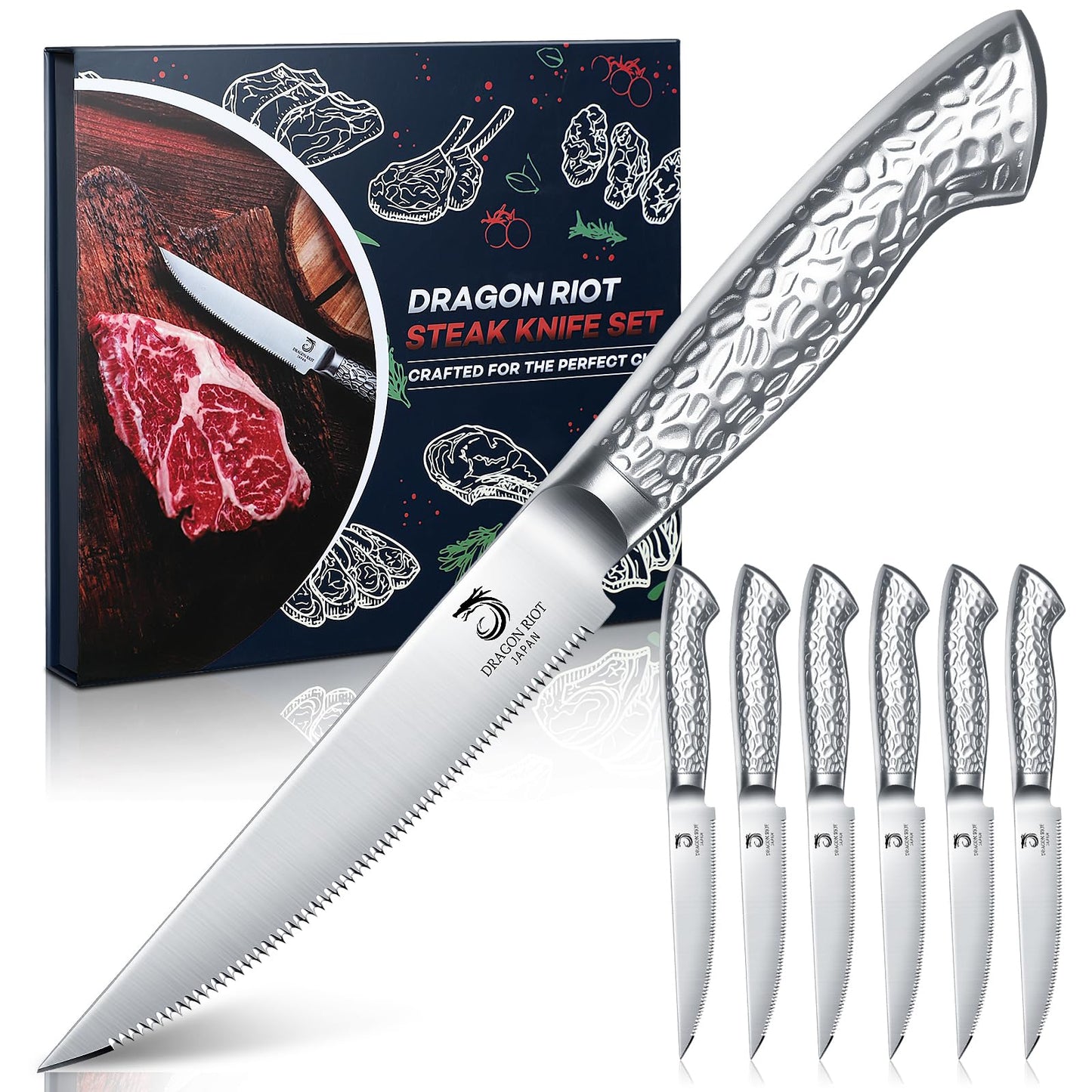 DRAGON RIOT 8-Piece Serrated Steak Knife Set, Stainless Steel