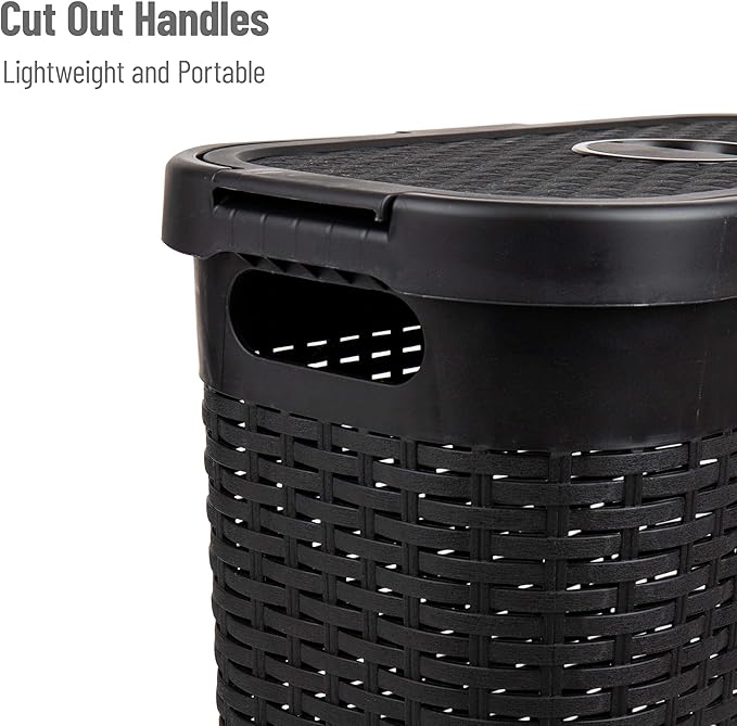 Mind Reader Slim Laundry Hamper with Lid, 40L Clothes Basket, Premium Wicker Design, Plastic, Set of 2, Black