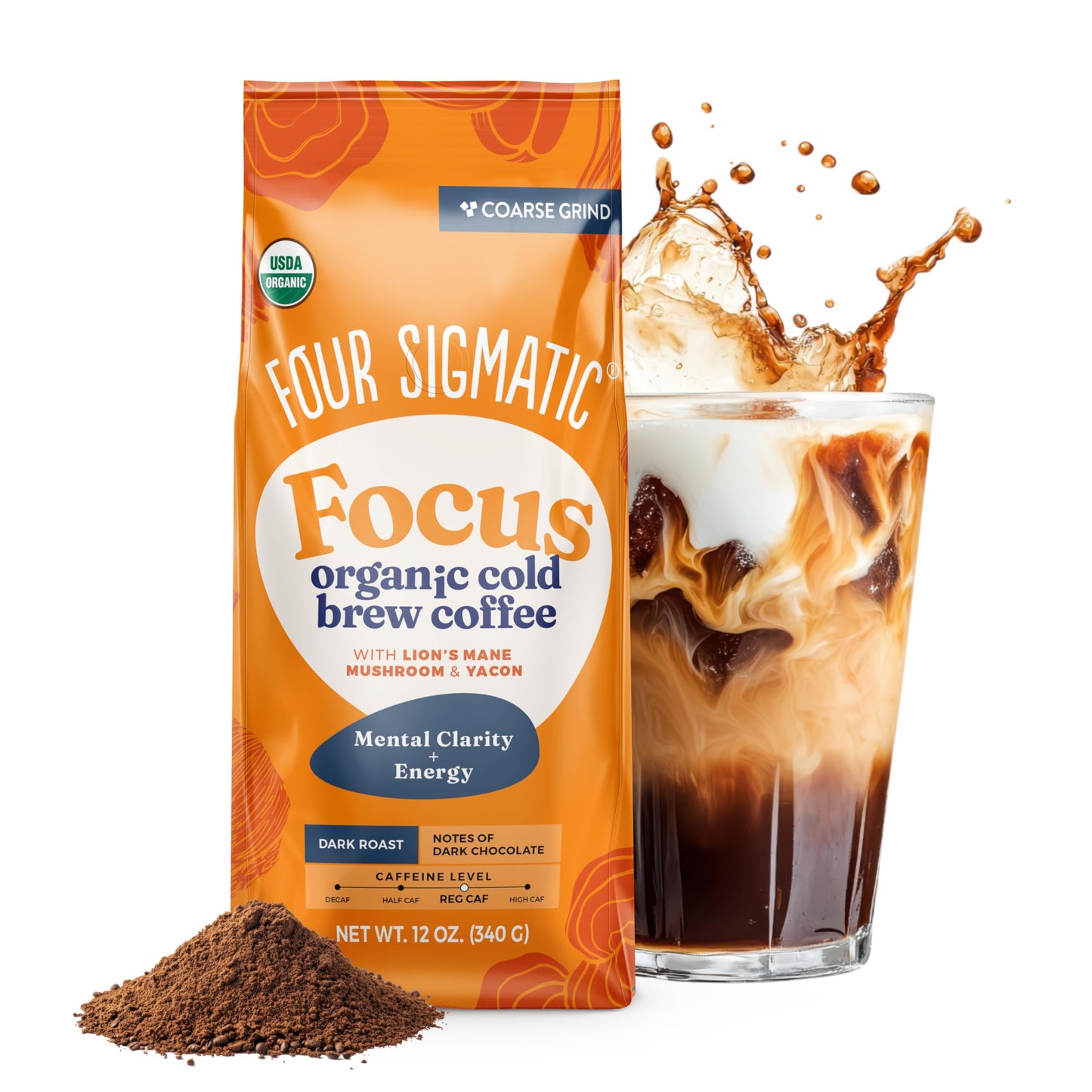 Four Sigmatic Organic Focus Mushroom Ground Coffee | Dark Roast, Organic Coffee with Lion's Mane & Chaga Mushroom for Mental Clarity & Energy Support | 12oz Bag