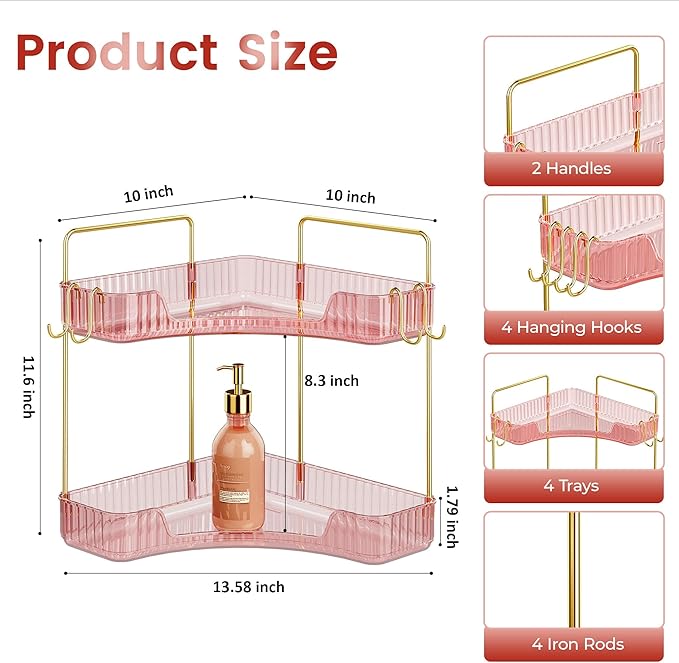 Delicate Pink 2-Tier Corner Counter Organizer with Expandable Hooks | Bathroom, Kitchen & Vanity Storage for PET Makeup, Skincare & Jewelry