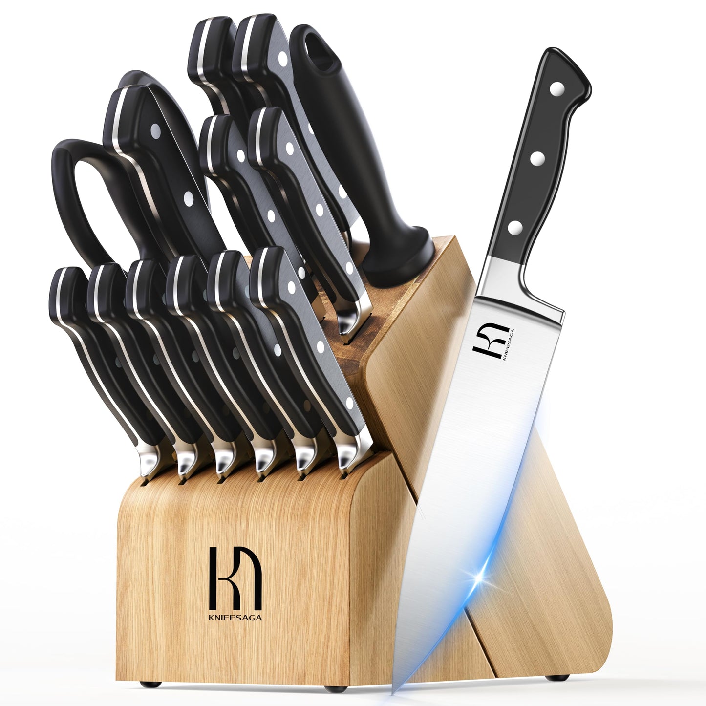 KnifeSaga 15-pc Japanese Kitchen Knife Block Set, Razor Sharp, Professional