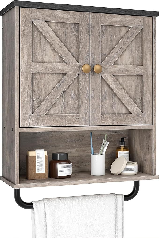 Bathroom Wall Cabinet, Medicine Cabinet with Open Partition and Towel Bar, Rustic Storage Cabinet with Open and Hidden Storage Space, for Bathroom, Living Room, Greige and Charcoal Black
