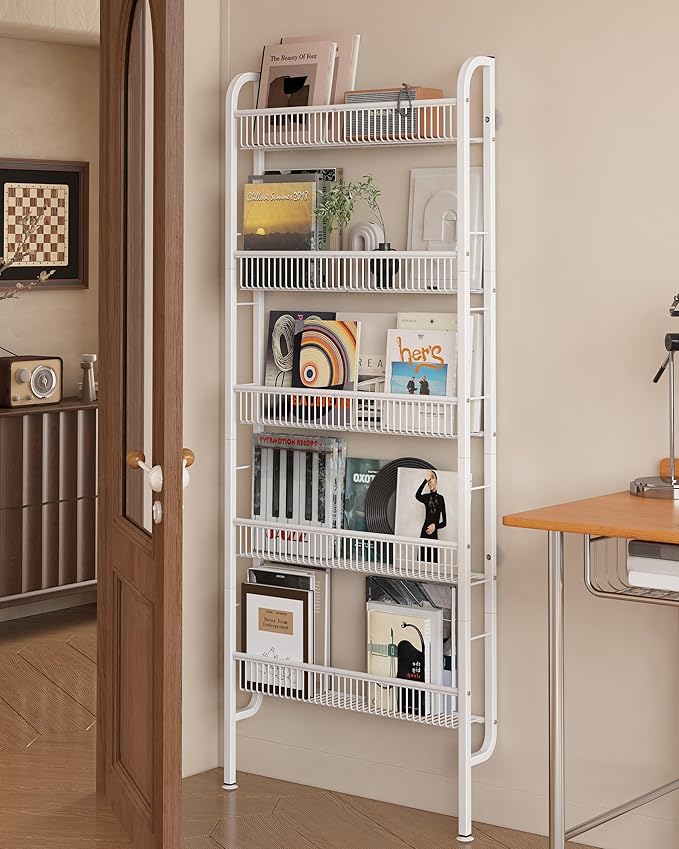 UMDONX Behind The Door Bathroom Shelf Narrow 5-Tier, Space-Saving Slim Storage Shelf Narrow Shelving Unit for Bathroom and Kitchen White