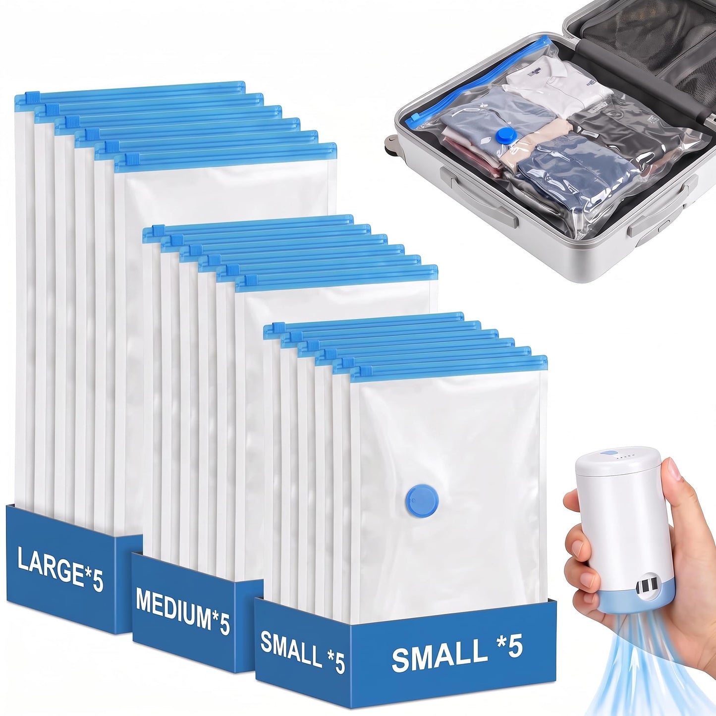 15 Pack Combo Travel Vacuum Bags with Electric Pump, Portable Storage Bags