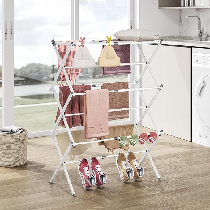 APEXCHASER Clothes Drying Rack Folding - 3 Tier Laundry Drying Rack for Clothes, Expandable Metal Clothing Dryer, Collapsible Towel Rack, Air Drying Rack, White