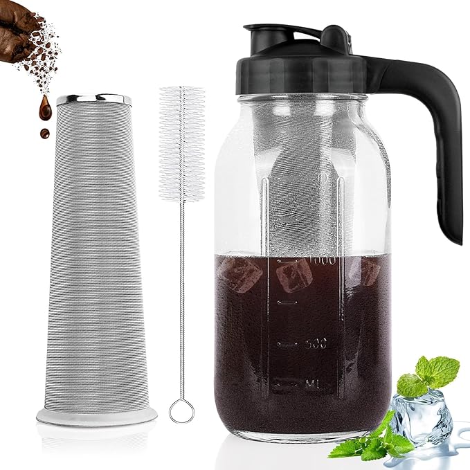 Cold Brew Coffee Maker Pitcher,64 Oz Heavy Duty Glass Mason Jar Pitcher with V-shaped Pour Spout Handle Lid,Stainless Steel Filter for Iced Coffee,Iced tea,Fruit Drinks,lemonade - Blue