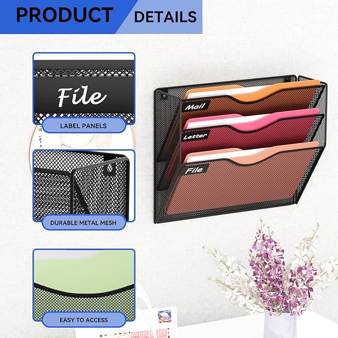3 Pockets Hanging Wall File Organizer Mail Holder, Wall Mounted Paper Document Folder Holder, Clipboard Storage Organization Magazine Rack, Black