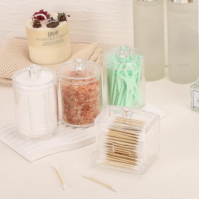 Tbestmax Bathroom Organizer Accessories Set-10 OZ,7 OZ Qtips Holder Storage with Lids, Cotton Ball/Swabs Dispenser, Apothecary Container Jar 4 Pcs