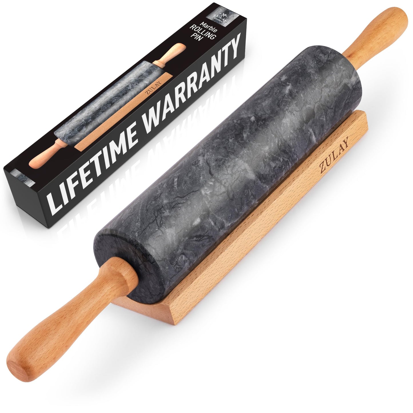 Zulay Kitchen 17-Inch Marble Rolling Pin With Stand - Polished Marble Rolling Pins For Baking With Long Beechwood Handle - Non-stick Roller Pin For Baking Pastries, Bread & Pizza