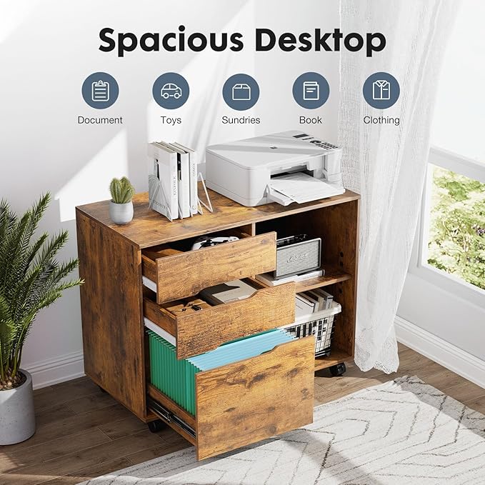 DUMOS Lateral File Cabinet with 3 Drawers Rolling Filing Cabinets Under Desk Storage Printer Stand Wood Organizer with Wheels Adjustable Shelf for Office Home Small Space, Brown