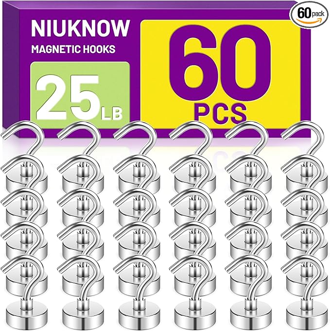 60Pack Heavy Duty Magnetic Hooks, 25 lbs Strong Neodymium Magnet Hooks for Hanging Mugs, Magnet with Hook for Cruise, Grill, Fridge, Classroom, Camping Essentials, Beach Vacation Essentials