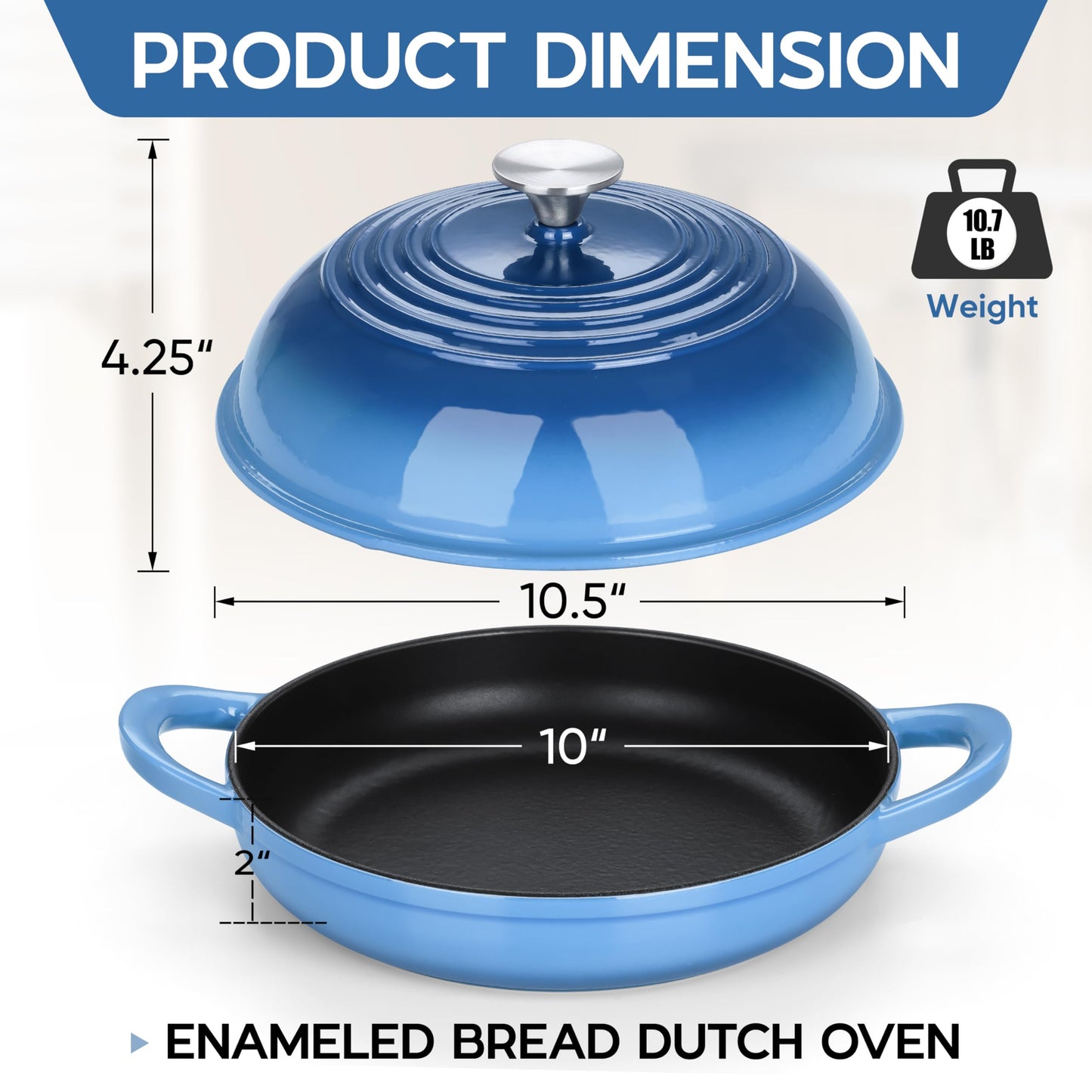 E-far Dutch Oven for Sourdough Bread Baking, 6 Qt Round Enameled Cast Iron Dutch Oven for Homemade Artisan Bread, Dome Lid & Shallow Base, Matte Black Interior & Durable, Oven-Safe to 500℉, White