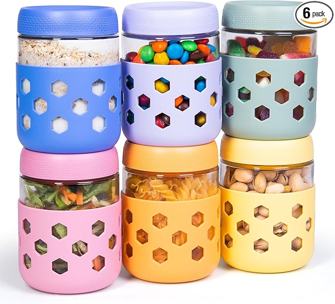 Gemice 6-Pack 16 oz Overnight Oats Containers with Lids and Silicone Sleeves, Glass Mason Jars with Airtight Lid, Dishwasher Safe, Wide Mouth Chia Seed Pudding Meal Prep Jar for Yogurt Berries Snack
