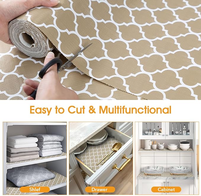 Shelf and Drawer Liner for Kitchen Cabinets Non-Adhesive, Strong Grip Non-Slip Thickened Cabinet Liners for Shelves, Waterproof Mats for Dresser Cupboard, Beige, 17 in x 30 Feet
